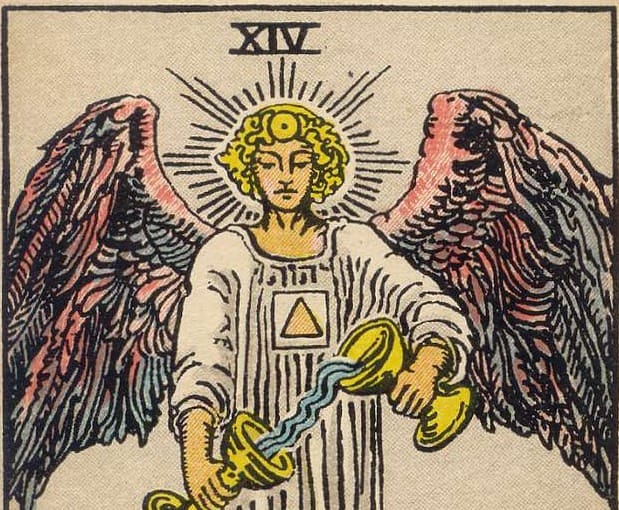 An angel with large wings and rays around their head. The angel wears a robe with a triangle on the chest and is pouring water diagonally from one cup into another.