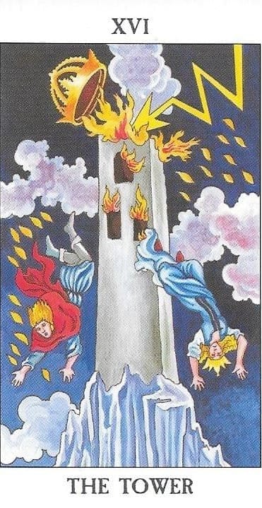 A tower struck by lightning and on fire with a dark and cloudy sky in the background. Two people are falling in mid-ai