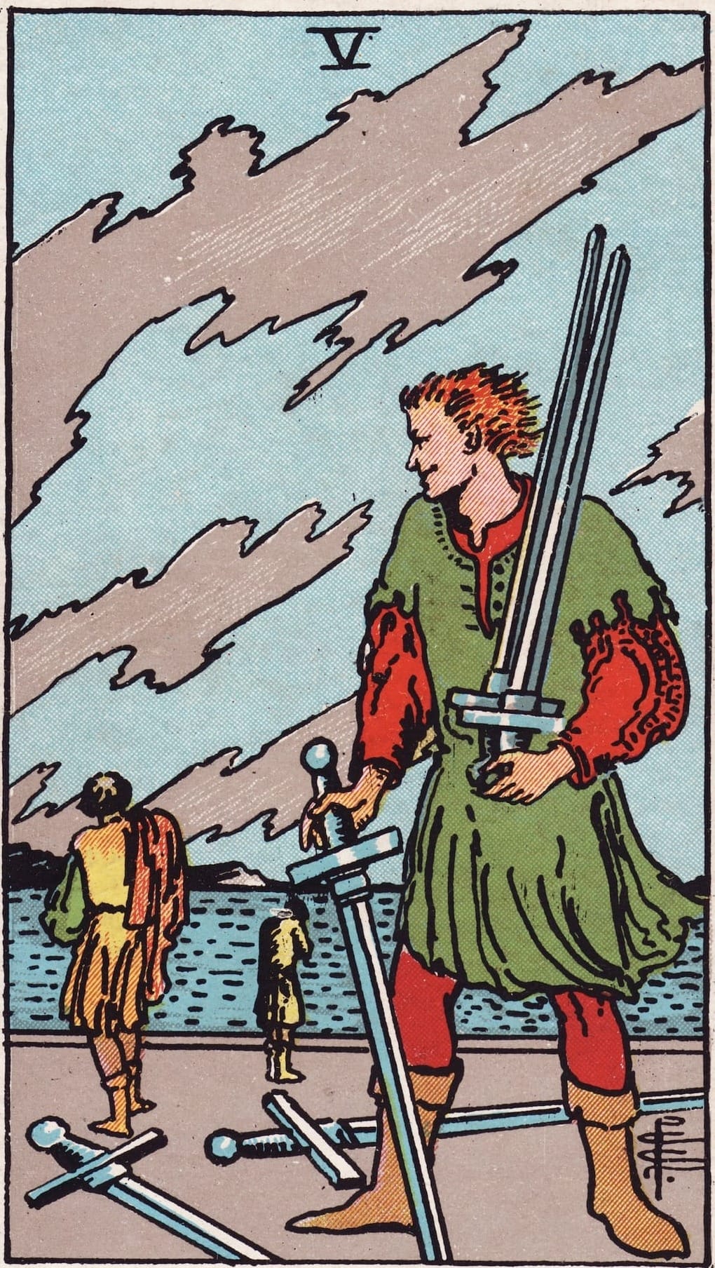 A figure holds three swords and looks back at two others who are facing away. Two swords rest on the ground. The background is water and a sky with jagged clouds.