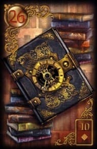 One large, gilded book faces front with stacks of books in the background.