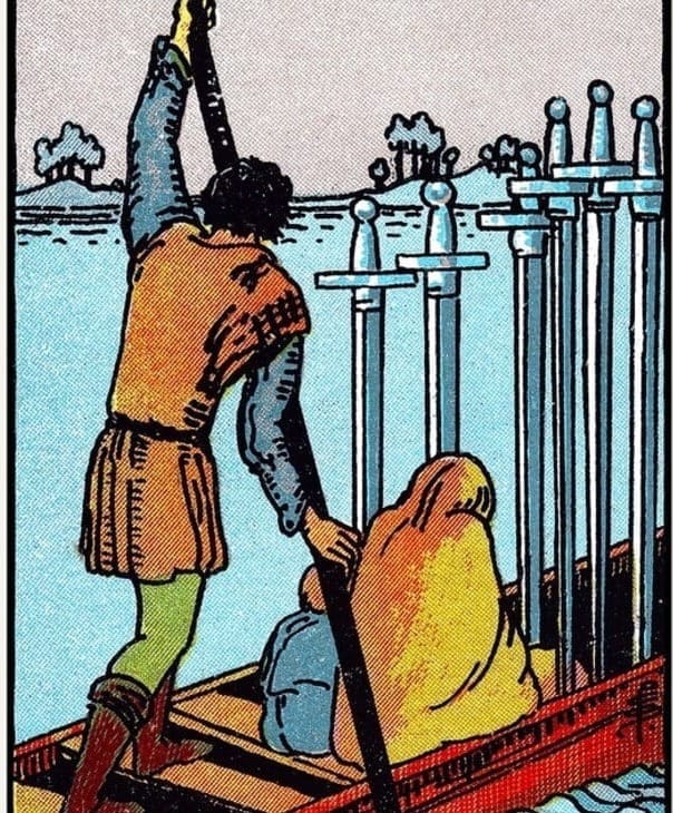 A figure stands rowing a boat with one adult and one child passenger and 6 swords with their points downward. The water is choppy to the boat's right and flat to the left, with land in the s.