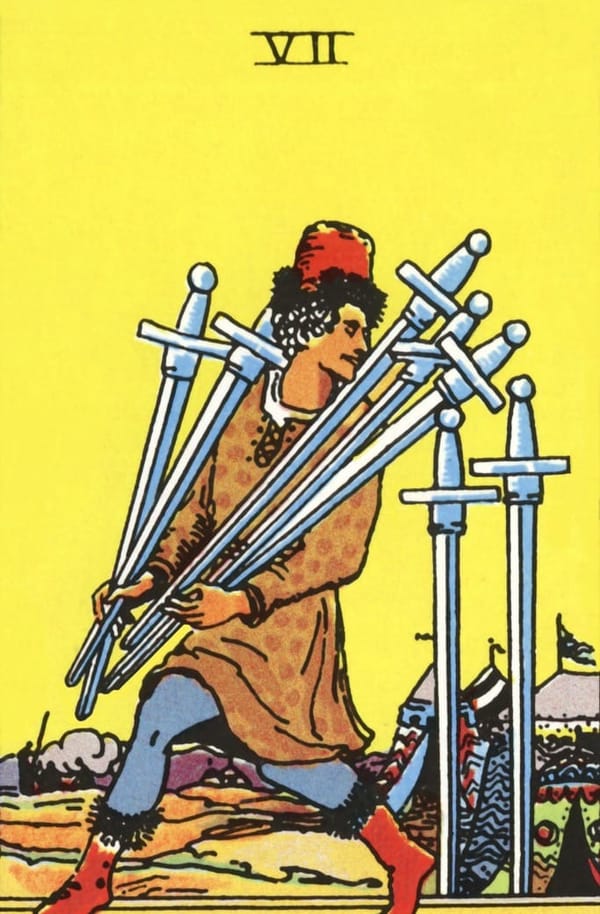 A person tiptoes away from a group of tents carrying 5 swords and with 2 upright and driven into the ground behind them.