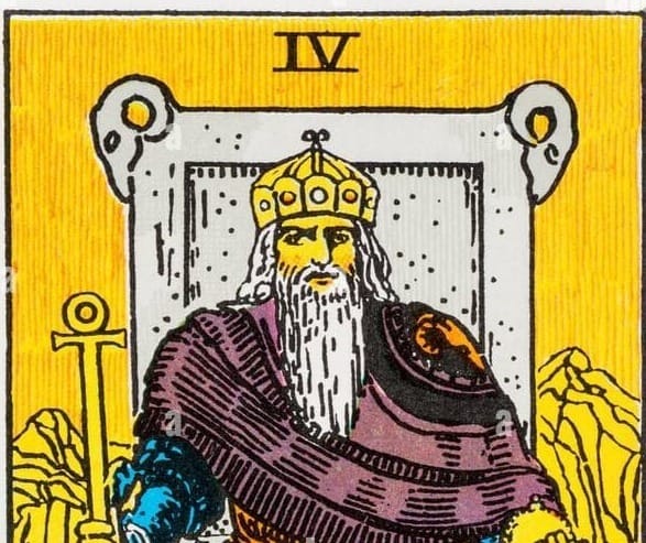 The Emperor, who has a long white bear sits on a high throne wearing a crown and holding a scepter. 